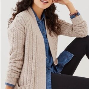 J JIll 2X  soft taupe Tan Mid Length Open Cable Cotton/wool  Cardigan w/Pockets
